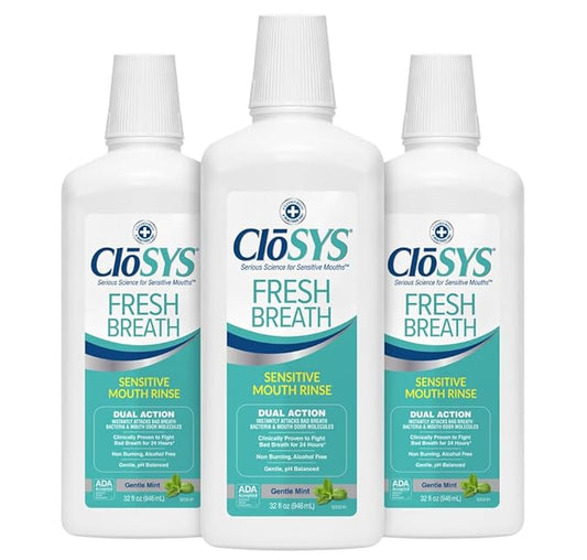 CloSYS Fresh Breath Sensitive Mouthwash, Gentle Mint, Alcohol Free, Dye Free, pH Balanced, Helps Soothe Entire Mouth, Fights Bad Breath - 32 Oz (Pack of 3)