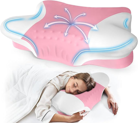 Cervical Neck Pillows with Memory Foam - Ergonomic Neck Support Pillows for Pain Relief Contour Memory Foam - Adjustable Orthopedic Bed Pillows with Cooling Pillowcase for Sleeping - Pink