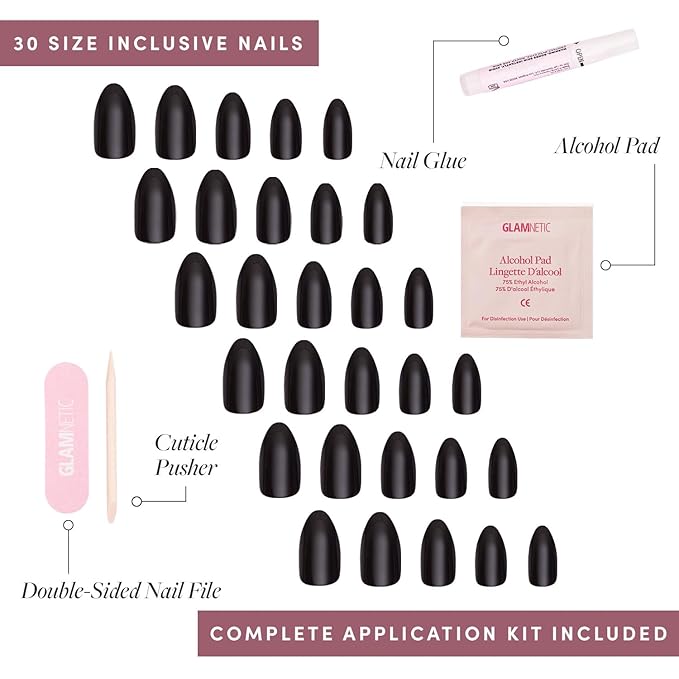 Glamnetic Press On Nails - Boba | Opaque Black Short Almond Nails, Salon Quality | 12 Sizes - 24 Nail Kit