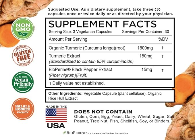 Turmeric Curcumin with BioPerine Black Pepper & 95% Curcuminoids, 1965mg, Maximum Absorption for Joint Support, Non-GMO Turmeric Capsules, Made in USA - 90 Veg Caps