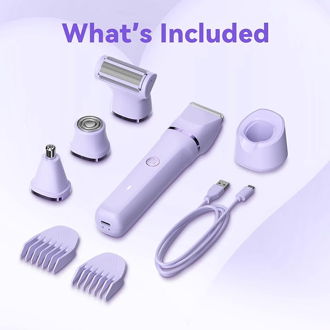 Electric Razors for Women - 4 in 1 Bikini Trimmer for Women, Waterproof Body Pubic Shaver for Womens Wet & Dry Use, Replaceable Facial & Nose Hair Trimmer, Rechargeable Hair Removal Kit, Purple