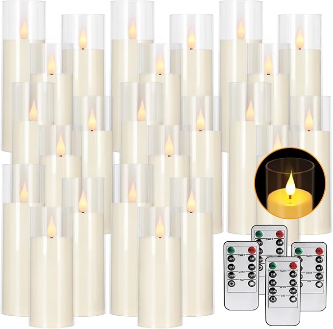 24 Packs of Acrylic LED Candles, Flickering Flameless Candles Battery Operated with Remote Dimmed and Timed, 3D Wick Candles for Home Decor,Wedding,Gift，Parties and Festivals. (3 Size)
