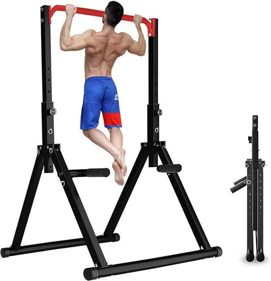 DOBESTS Foldable Power Tower Pull Up Bar Dip Station Adjustable Multifunction Workout Pull Up Tower Station Gym Strength Training Equipment for Home Outdoor, Triangular Legs, Support 700lbs