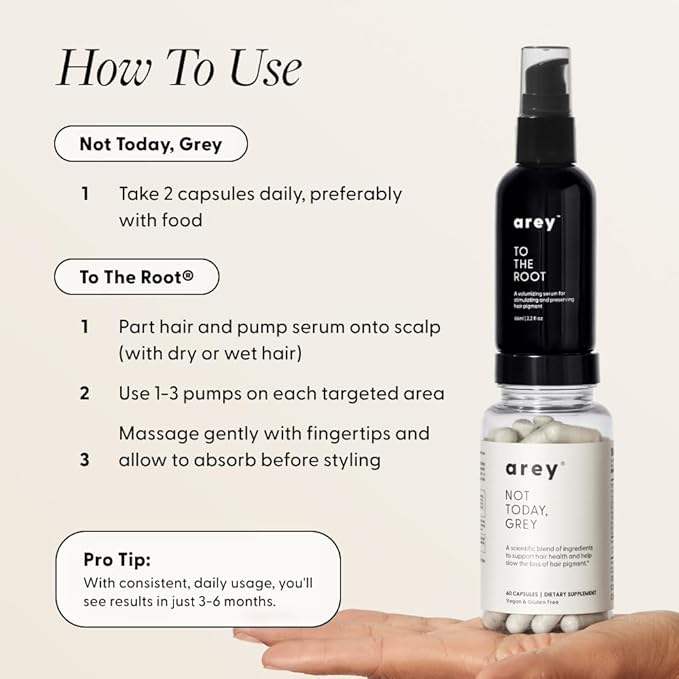 Arey The System Daily Hair Serum and Supplement Treatment for Women & Men | Slows Grey Hair Growth in 3-6 Months | Promote Thicker, Fuller Regrowth | Biotin, B + D Vitamins (1 Month Supply)