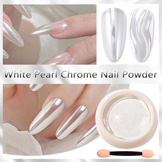 Holographic Mirror White Pearl Chrome Nail Powder Gold Effect Pure Metallic Dust Sequins UV Gel Nail Chrome Pigment for Nail Art Decoration