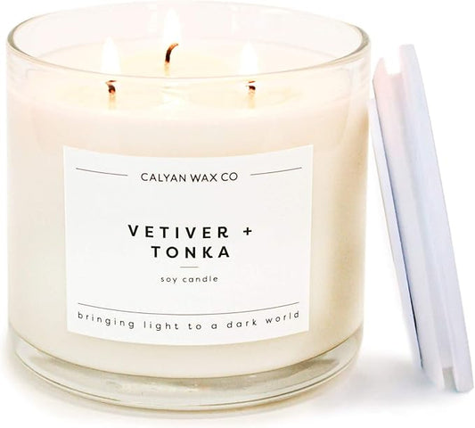 Calyan Wax Co. 3 Wick Candle, Vetiver + Tonka Scented Candle, 43 Hour Burn Time, 3 Wick Soy Candles, Non Toxic & Vegan Soy Wax, Glass Jar Scented Candles, 14.9oz