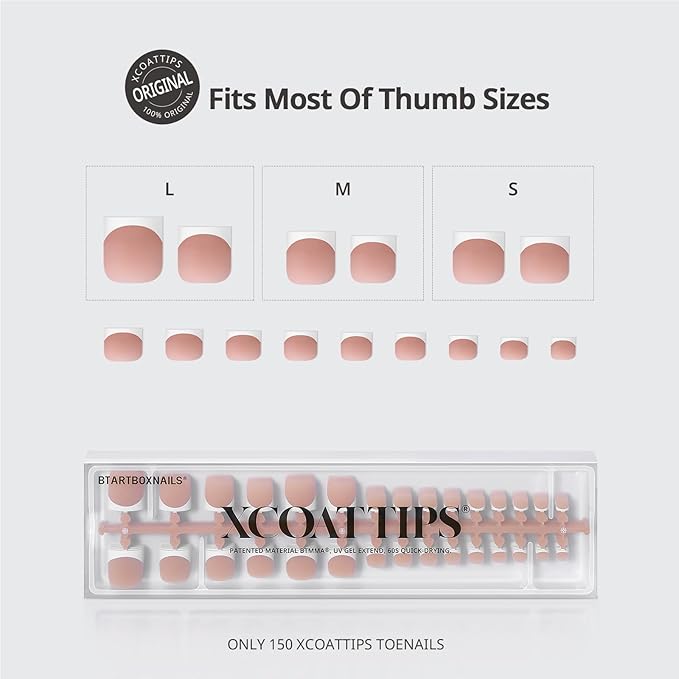 BTArtboxnails XCOATTIPS Toe Nail Tips - Lamp-Curable Real Square Brown Press On Toenails for Women, 150 Soak Off French Tip Toe Nail Extensions in 15 Sizes, Builder Gel & Top Coat Required