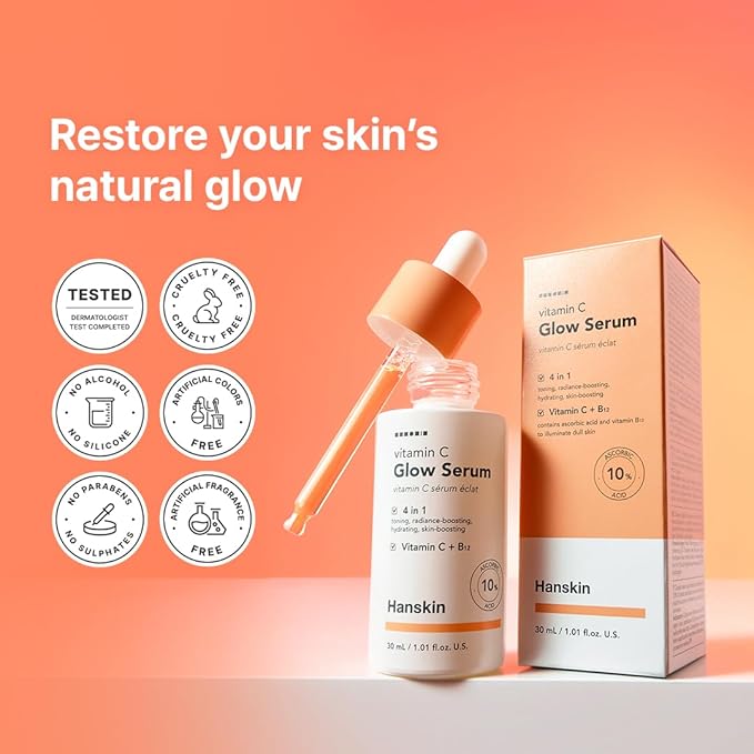 Hanskin Vitamin C Glow Serum with Ascorbic Acid, Dark Spot Remover for Face, Toning, Illuminates for Glowing Skin, Korean Skin Care [30ml]