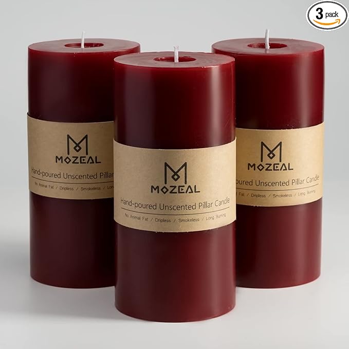MOZEAL 3" x 6" Hand-Poured Unscented Candle,Dripless Pillar Candle Set of 3,Long Lasting Burning,Approx 120 Hours Burn Time,Rustic Country Style,for Wedding,Dinner,Christmas and Home Decor,Dark Red