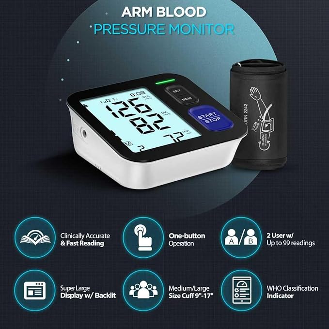Blood Pressure Machine Upper Arm, Medium/Large BP Cuff Fit Arms from Medium 9"-17", Accurate Automatic Digital BP Monitor Home Use, Large Backlit LCD, 2-User Mode