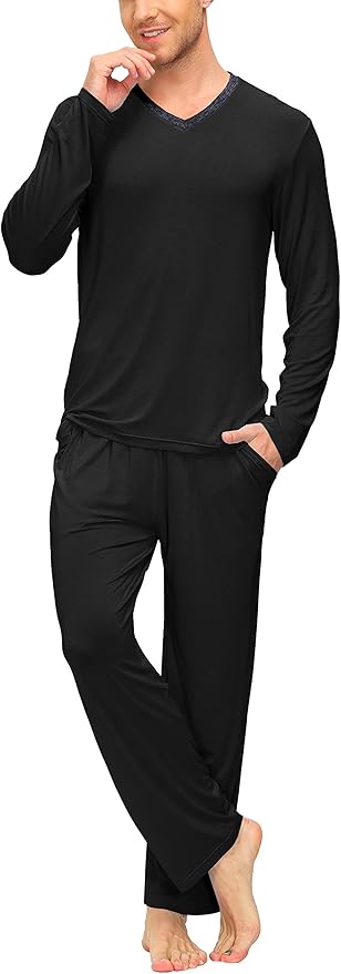 JINSHI Men's Pajama Sets Sleepwear Nightwear Lightweight Quick Dry Soft 2 Piece Long Sleeve Mens Loungewear Sets with Pocket