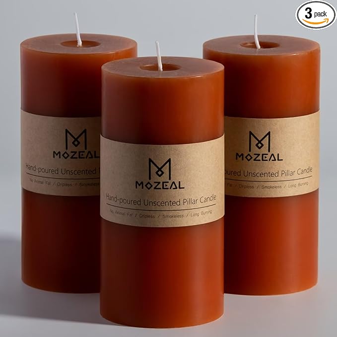 MOZEAL 3" x 6" Hand-Poured Unscented Candle, Dripless Pillar Candle Set of 3, Long Lasting Burning, Approx 120 Hours Burn Time, Rustic Country Style, for Autumn Gatherings, Fall Decor, Burnt Orange