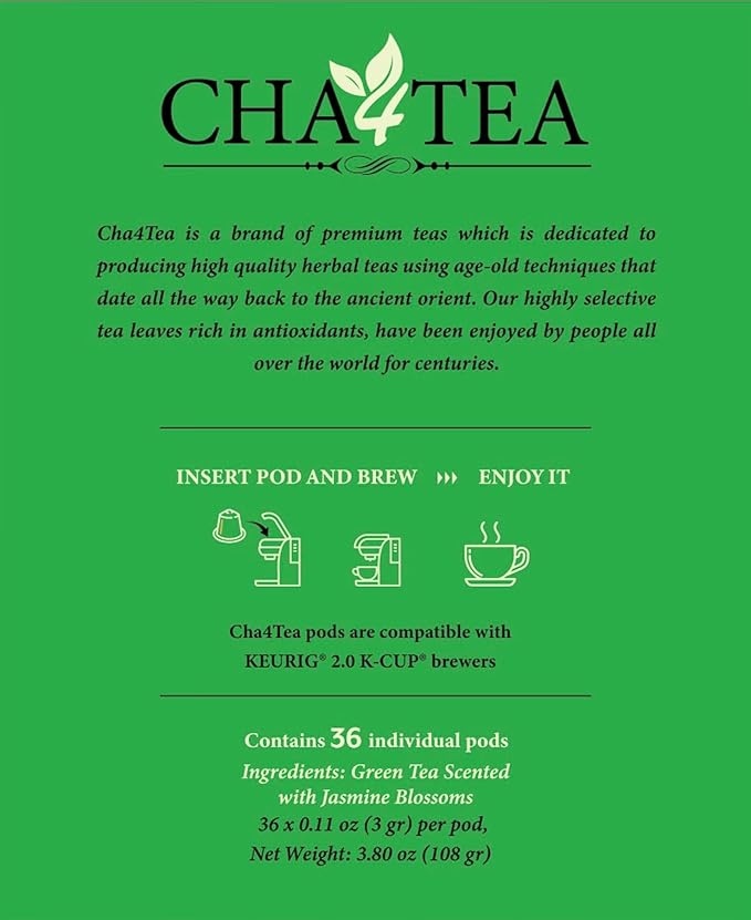 Cha4TEA 36-Count Jasmine Green Tea Pods for Keurig K-Cups Brewers