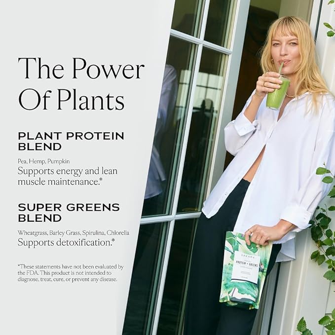 SAKARA Protein + Greens Super Powder – 30 Servings, Organic Plant-Based Blend with Hemp, Pumpkin, Pea Protein, Wheatgrass & Spirulina, Vegan Superfood Drink Mix