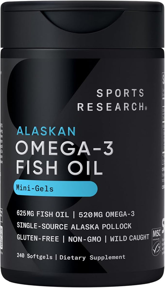 Sports Research® Omega-3 Fish Oil Mini Gels - Sourced from Wild Alaska Pollock w/Omega-3 EPA & DHA - Burpless, Bovine Free, Non-GMO, & MSC Certified Sustainable - 240 Count