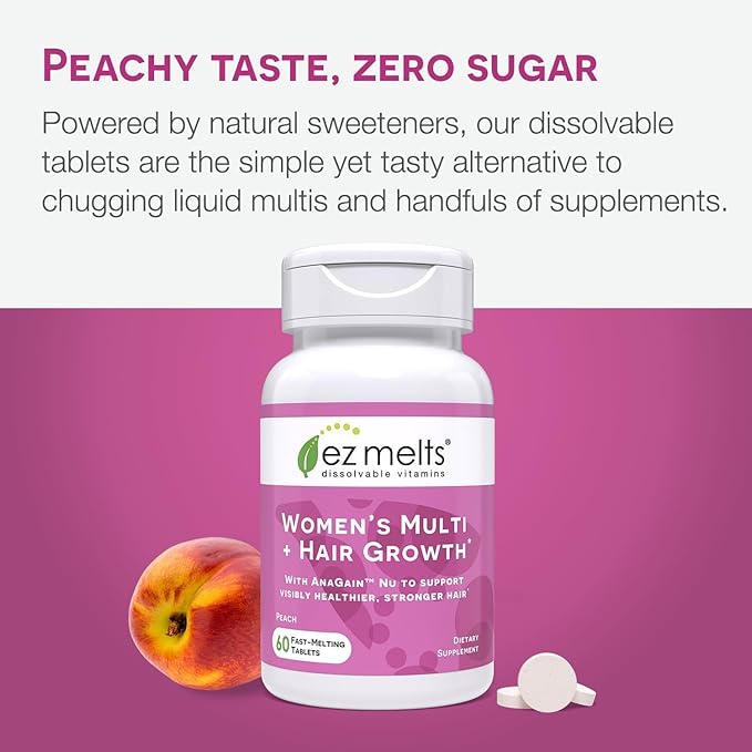 EZ Melts Dissolvable Multivitamin for Women + Hair Growth with Biotin, Bamboo Extract & Clinically Studied AnaGain Nu, Supports Visibly Healthier, Stronger Hair, Sugar- Peach Flavor - 2 Pack