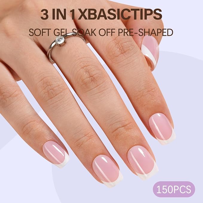 Misssix XBASICTIPS French Tip Press On Nails, 150Pcs French Gel Nail Tips Short Square Pink, Soft Gel Pre-shaped No Need to File 3 in 1 Tips, Fake Nails for Nail Art DIY Extension Designs 15 Sizes