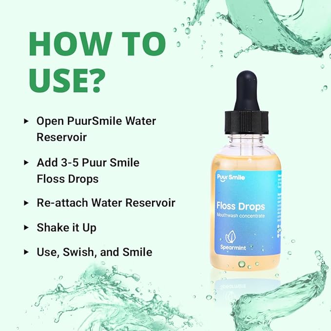 Concentrated Floss Drop Serum – 2oz Concentrated Mouth Wash to Use in Water Flosser | Natural Essentials Promotes Good Breath | Organic Spearmint Drop Supports Good Oral Health