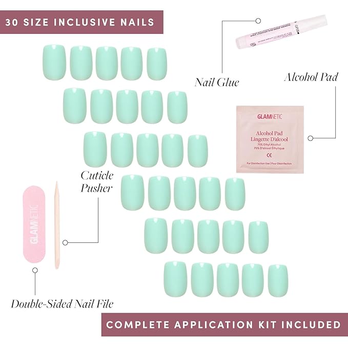 Glamnetic Press On Nails - Soft Teal | Short Squoval Light Blue Fake Nails with Glossy Finish, Salon Quality | 15 Sizes - 30 Nail Kit with Glue