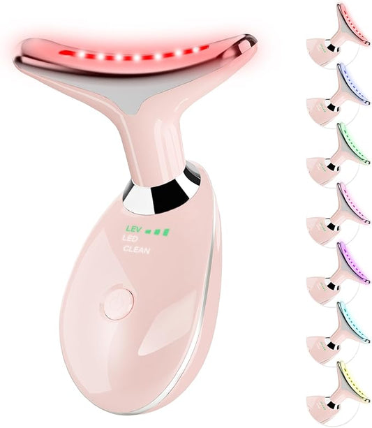Neck&Face Massager with 7 Colors-Multi-Functional Skincare Tool,Home Beauty Device for Wrinkles&Relaxation (Warm Pink)