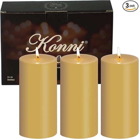 KONNI Mustard Yellow Pillar Candles Set of 3, 3"x 6" Unscented Pillar Candles Bulk, 56 Hours Long Burning Candles, Smokeless&Dripless Large Round Candle for Wedding, Home Decoration, Parties