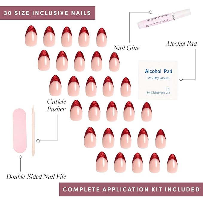 Glamnetic Press On Nails - Red Affair | Short Almond Red Glitter French Tip Nails with a Glossy Finish | 15 Sizes - 30 Nail Kit with Glue