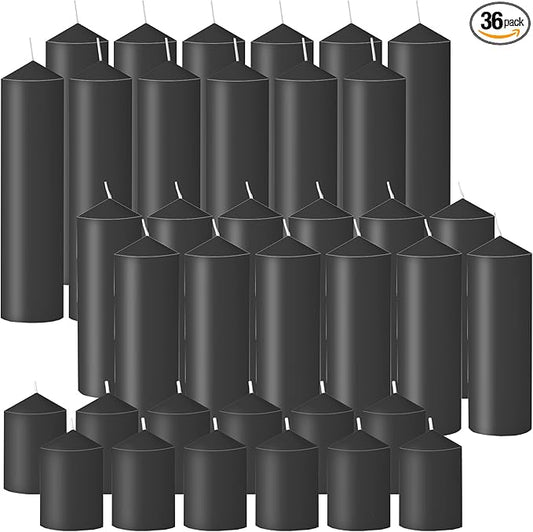 36 Pcs Black Pillar Candles Bulk Set，Hurricane Candles，3 Different Lengths (6 Each)，Dripless Unscented Smokeless，Gives You a Better Atmosphere When Organizing Wedding or Event Party.