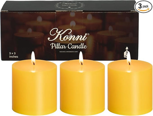 KONNI Yellow Pillar Candles Set of 3, 3"x 3" Unscented Pillar Candles Bulk, 30 Hours Long Burning Candles, Smokeless&Dripless Large Round Candle for Wedding, Home Decoration, Parties, Spas, Dinner