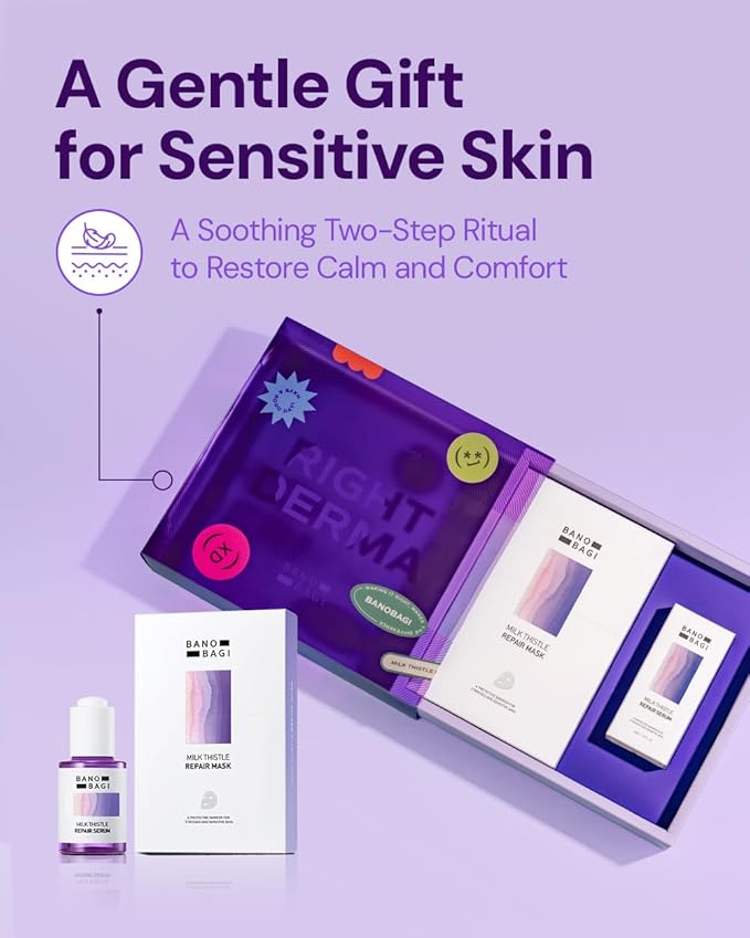 Milk Thistle Repair Skin Care Set - Korean Skin Care with Centella, Soothing & Barrier Repair Kit for Sensitive Skin, Face Mask 10EA & Serum 0.5 fl. oz., Face Moisturizer, Fragrance-Free