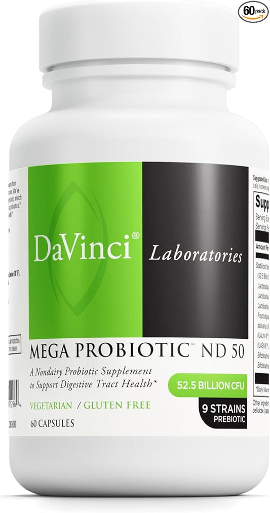 DAVINCI Labs Mega Probiotic ND 50 - Non-Dairy Probiotic Supplement with Prebiotic Fiber - Digestive & Immune Health Support* - Gut Support with Beneficial Bacteria* - 60 Vegetarian Capsules