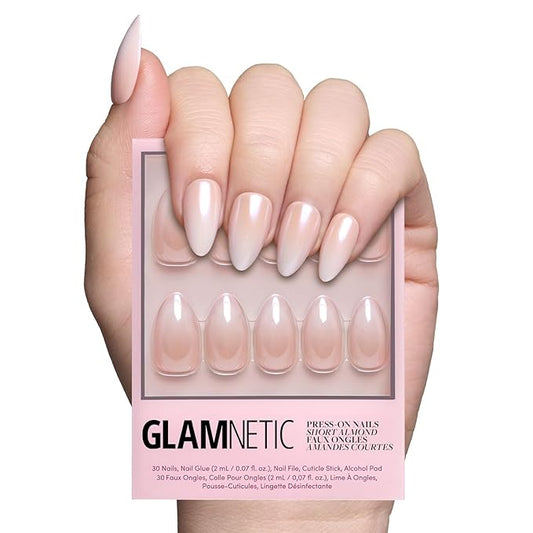 Glamnetic Press On Nails - Fiancéd | Short Almond Fake Nails with a Nude Ombré and Glossy, Glazed Finish, Salon Quality | 15 Sizes - 30 Nail Kit with Glue
