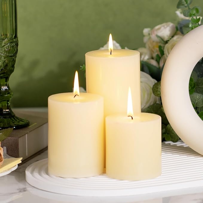 KONNI Ivory Pillar Candles Set of 3, 3"x 4" Unscented Pillar Candles Bulk, 39 Hours Long Burning Candles, Smokeless&Dripless Large Round Candle for Wedding, Home Decoration, Parties, Spas, Dinner