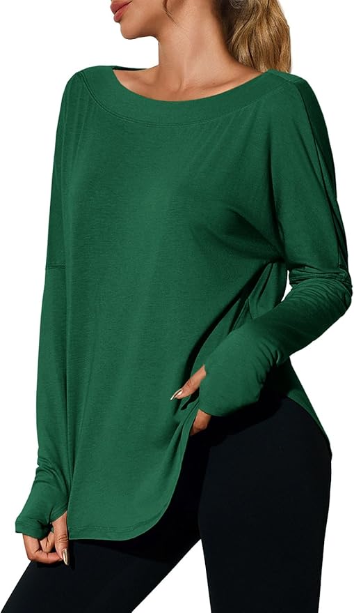 Tankaneo Womens Open Back Workout Shirts Casual Long Sleeve Boat Neck Tops Athletic Gym Yoga Tees with Thumb Holes