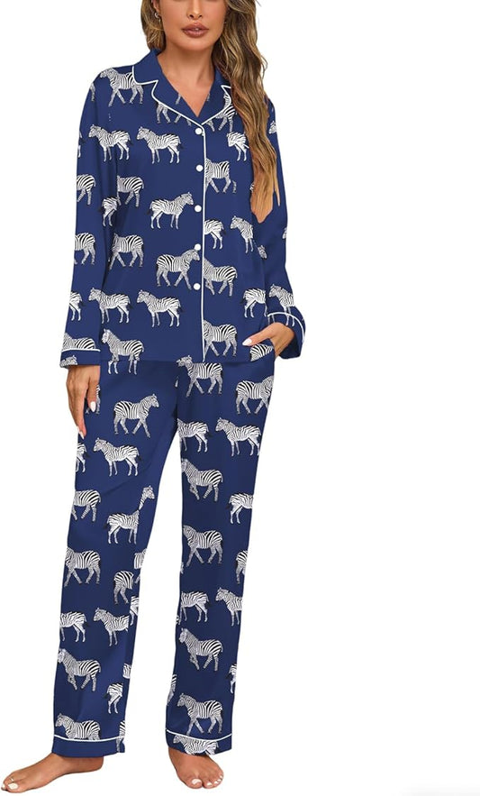 Veseacky Womens Satin Pajama Set Silk Pjs Button Down Long Sleeve Sleepwear Loungewear Sleepwear 2 Piece Pjs Set S-XXL
