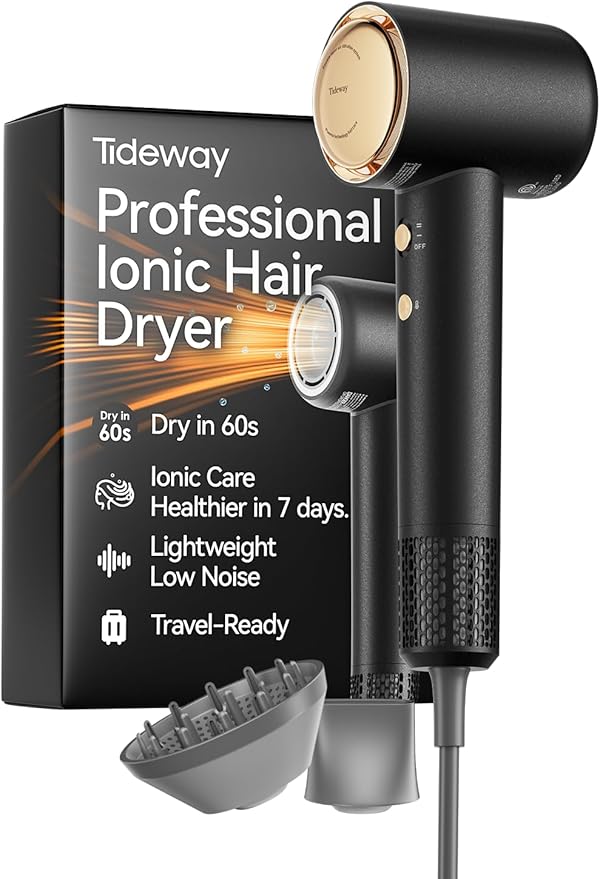 Tideway Hair Dryer, Blow Dryer with Diffuser High-Speed Plasma Ionic Low Noise for Fast Drying, Travel Hair Dryer for Women and Man, Curly/Wavy & Long/Thick Color-Treated Hair H11