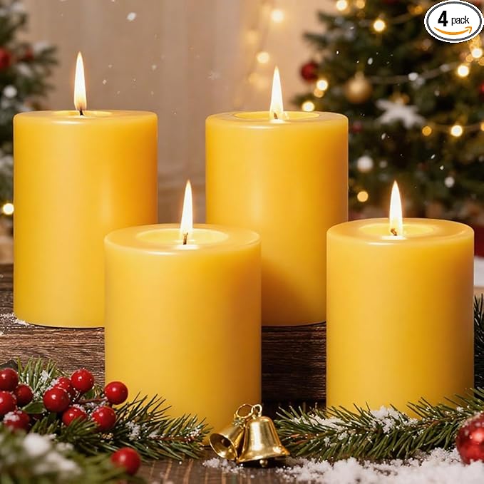 4 Packs Natural Beeswax Pillar Candles, 212 Hours Long Burning Organic Emergency Candle 2.8x4in Unscented Pillar Candles 100% Pure Bees Wax Candles for Home Paryer