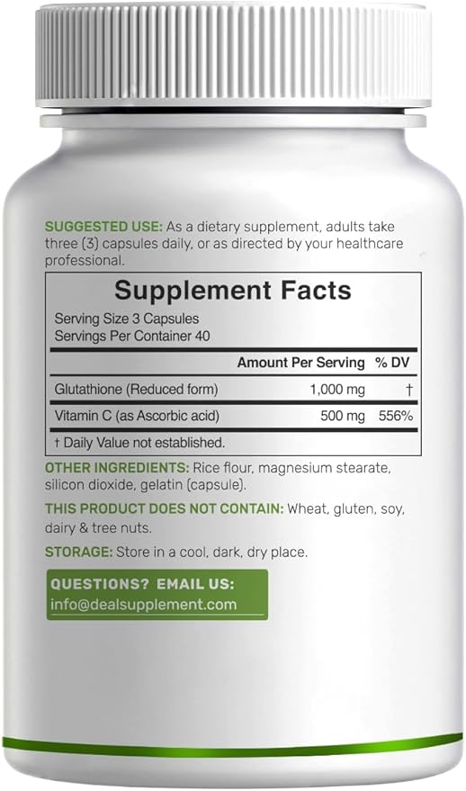 Glutathione Supplement 1,000mg Per Serving, 98% Purity | Plus Vitamin C 500mg, Active Reduced Form (GSH) | Intracellular Antioxidant – Supports Detoxification & Immune Health