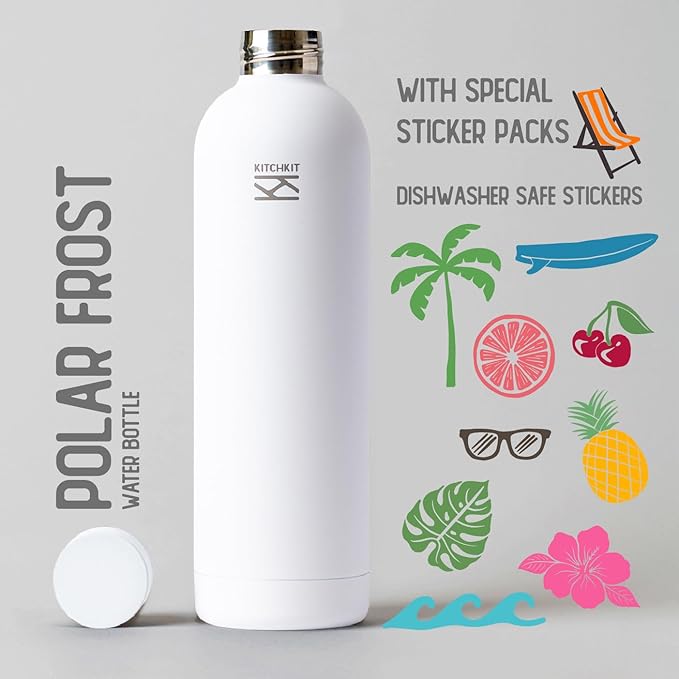 Insulated Stainless Steel Water Bottle 25oz/750ml Vacuum Flask & Bonus Sticker Pack, Leak-Proof Lid, Hot & Cold Retention, Minimalist White Design, Reusable Eco Bottle (Polar Frost)
