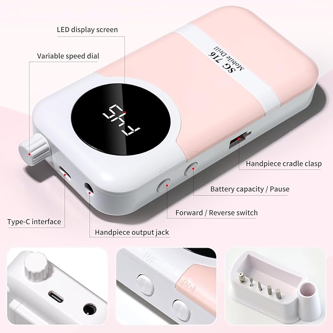 LIMEGIRL Professional Electric Nail Drill Kit 45000RPM Portable Cordless Toenail Cordless Toenail Machine with 14 Drill Bits and Base for Women (Pink)