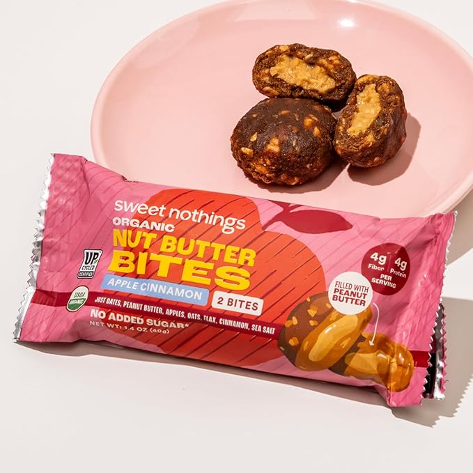 Sweet Nothings, Apple Cinnamon, USDA Organic Nut Butter Bites Protein Bar, Nut & Date Snack, Filled with Peanut Butter, 12-2 Bite Value Packs - No Added Sugar, Good Source of Fiber, Only 7 Ingredients