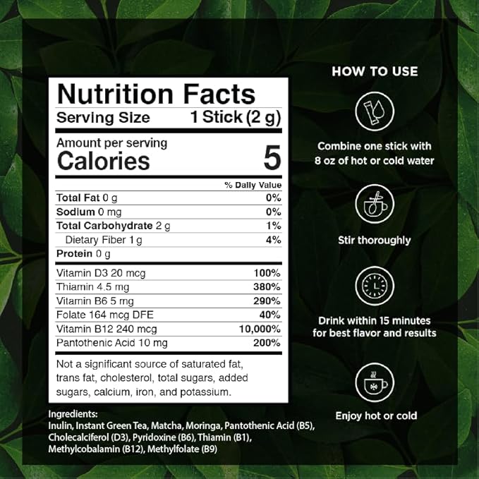 VitaCup Green Tea Instant Packets, Enhance Energy & Detox with Matcha, Moringa, B Vitamins, D3, Fiber, Keto, Paleo, Vegan in Tea Powder Single Serving Sticks, 72 Ct