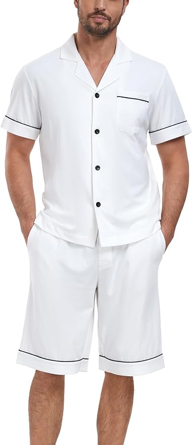 COLORFULLEAF Men's 100% Cotton Short Sleeve Pajama Sets Button Down Notched Collar Sleepwear Soft Lounge Pjs with Pockets