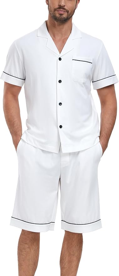 COLORFULLEAF Men's 100% Cotton Short Sleeve Pajama Sets Button Down Notched Collar Sleepwear Soft Lounge Pjs with Pockets