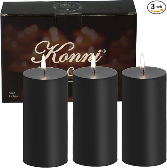 KONNI Black Pillar Candles Set of 3, 3"x 6" Unscented Pillar Candles Bulk, 56 Hours Long Burning Candles, Smokeless&Dripless Large Round Candle for Wedding, Home Decoration, Parties, Spas, Dinner