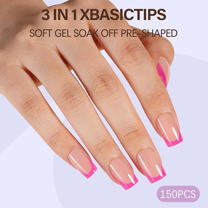 Misssix XBASICTIPS Purple French Tip Press On Nails, 150Pcs French Gel Nail Tips Short Square, Soft Gel Pre-shaped No Need to File 3 in 1 Tips, Fake Nails for Nail Art DIY Extension Designs 15 Sizes
