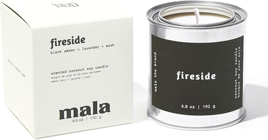 Mala Fireside - Black Amber, Musk and Lavender Candle - Vegan Soy Hand Poured Aromatherapy Candle with 45 Hour Burn - Classic 6.8 oz Size
