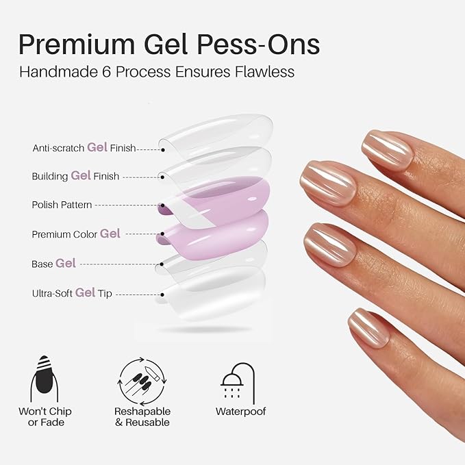 Nude Chrome Press on Nails Square - Soft Gel Short Press on Nails for Women Gift, Fit Perfectly & Natural Glue on Nails in16 Sizes - 32 Reusable Fake Nails with Glue, Aurora Nude