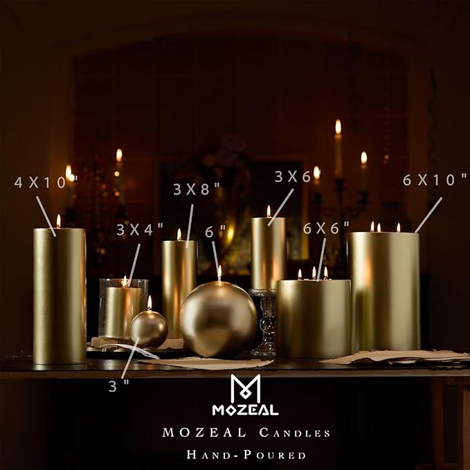 MOZEAL 3" x 4" Hand-Poured Unscented Candle,Dripless Pillar Candle Set of 3,Long Clean Burning,Approx 72 Hours Burn Time,Rustic Country Style,Wedding,Dinner,Christmas and Home Decor,Gold