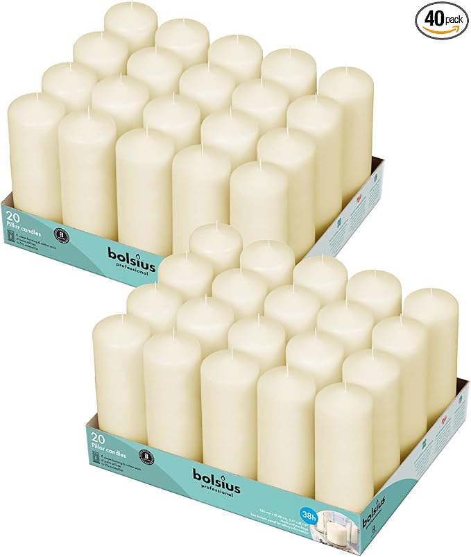 BOLSIUS Ivory Pillar Candles - 2x6 Inches - 2 Packs = Total 40 Candles - 38+ Hours - Premium European Quality - Consistent Smokeless Flame - Unscented Dripless Pillars
