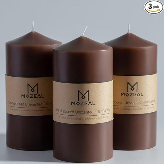 MOZEAL 3" x 6" Hand-Poured Unscented Brown Pillar Candles,Dripless Candles Set of 3,Long Lasting Burning,Approx 100 Hours Burn Time for Wedding,Dinner,Christmas and Home Decor